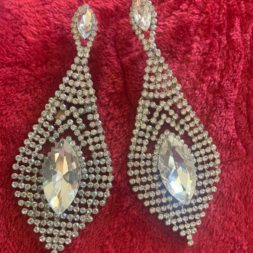 Clear Silvertone Long Earrings Pageants bridal